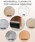 Two Pack 39.37 Inch Garage Door Brush Seals With 3 Inch Bristles on various floor types shown: wood, tile, marble, carpet, cement, bamboo