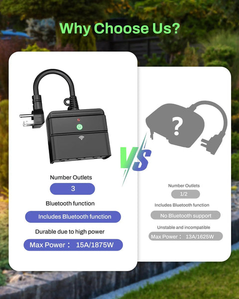 Comparison of outdoor smart plug with timers and countdown versus another plug, highlighting 3 outlets and weatherproof design.