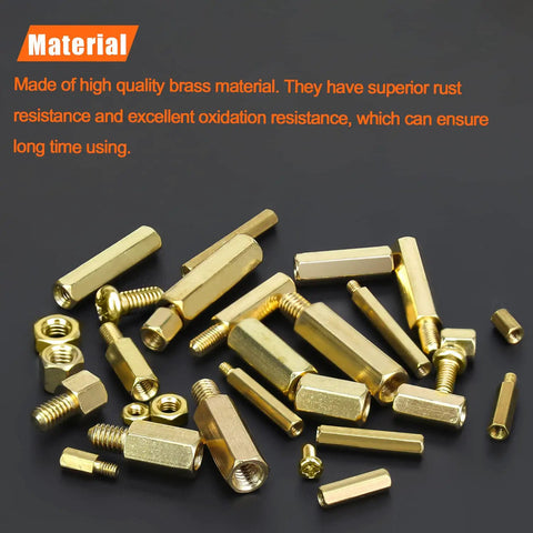 Heavy Duty Brass Spacers Standoffs Set with M2.5 M3 M4 Hex Screws and Nuts Assortment Kit for PC Motherboard Assembly, assorted brass pieces.