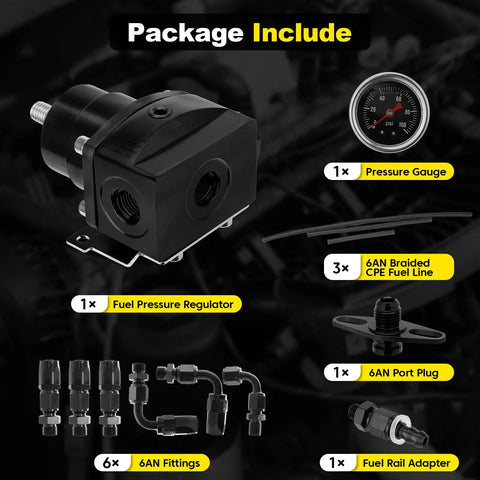 Adjustable EFI Fuel Pressure Regulator Kit with Bypass Return 30 To 70 PSI Gauge, 6AN Fittings, PTFE Braided Hose components
