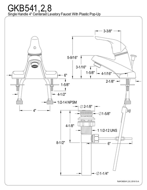 Technical drawing of Chatham 4 Inch Centerset Bathroom Faucet Polished Brass With Pop Up Drain 1.2 GPM Deck Mount 3 Hole Install.