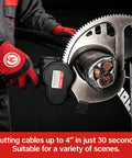 Heavy Duty 4 Inch Electric Battery Powered Ratcheting Cable Cutters For Fast Cutting Armored Communications Copper And Aluminum Wire Cable Steel Armor Strippers Professional Grade Power Tool in use, cutting large cable.