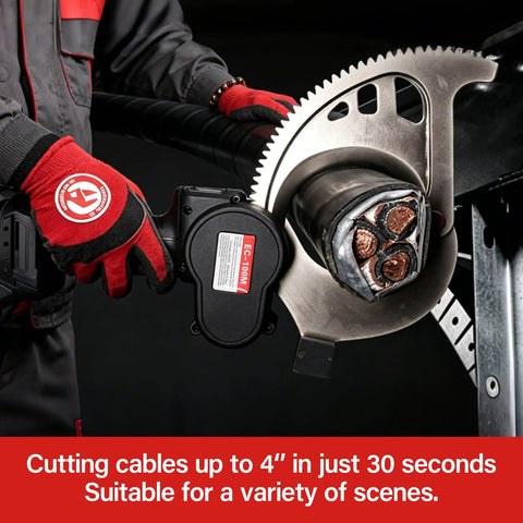 Heavy Duty 4 Inch Electric Battery Powered Ratcheting Cable Cutters For Fast Cutting Armored Communications Copper And Aluminum Wire Cable Steel Armor Strippers Professional Grade Power Tool in use, cutting large cable.