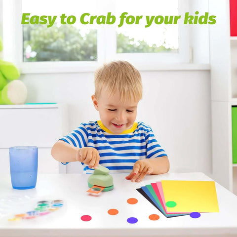 Child using 1 Inch Circle Hole Punch For Crafts And DIY Arts, Handy Lever Action Paper Punch, on colorful paper with circles cut out
