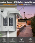 Beefed Up Outdoor Electrical Outlet Box With Dual 20 Amp Weather Resistant Gfci Receptacles rated rainproof on a patio.