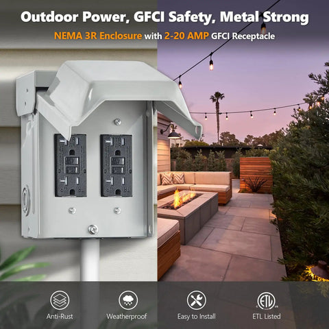 Beefed Up Outdoor Electrical Outlet Box With Dual 20 Amp Weather Resistant Gfci Receptacles rated rainproof on a patio.