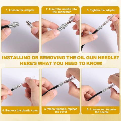 Step-by-step guide for using Five Piece Grease Gun Needle Tip Adapter Kit With Straight And Bend Nozzles, Two Replacement Needles, Coupler Adapter With Cover, Ideal For Tight Narrow Spaces And Deep Holes Greasing Fittings And Accessories.