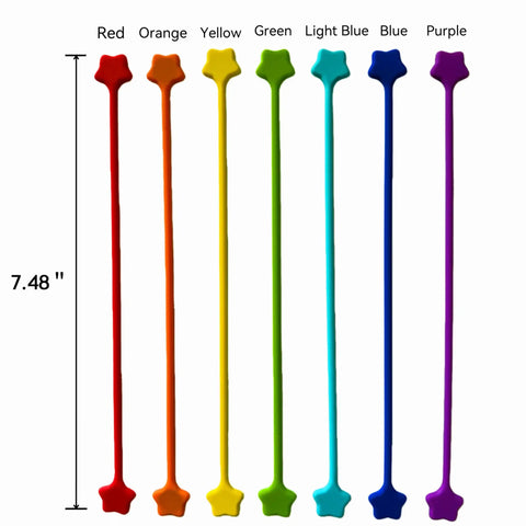 Reusable Silicone Magnetic Cable Ties 7.48 Inch Magnetic Twist Ties For Bundling Cords And Organizing USB Cables Fridge Magnets And Decor 14 Pack In Seven Colors in red, orange, yellow, green, light blue, blue, and purple.