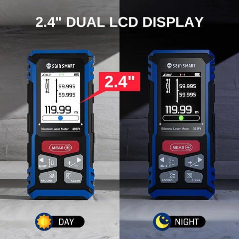 Pro Grade Dual Laser Distance Meter With Backlit LCD, 393 Feet Range, Rechargeable, showing day and night screen modes.