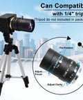 8MP USB Camera With 10X Optical Zoom And 5 To 50mm Varifocal Lens mounted on tripod, focus and clarity adjustment details shown