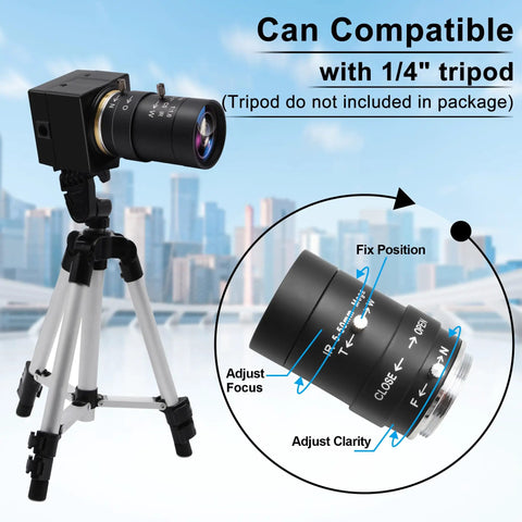 8MP USB Camera With 10X Optical Zoom And 5 To 50mm Varifocal Lens mounted on tripod, focus and clarity adjustment details shown