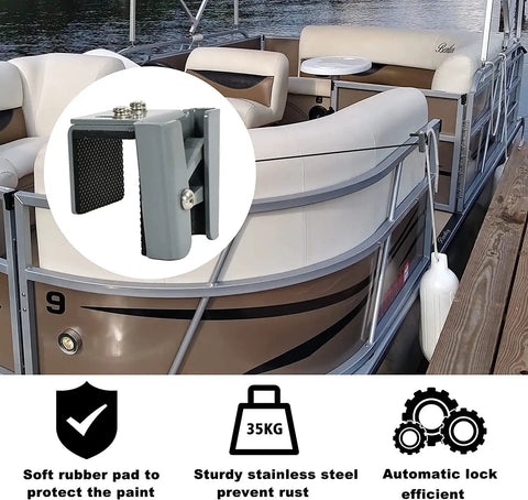 Beefy Heavy Duty Adjustable Stainless Steel Boat Fender Clips For Square Rails Pontoon Bumper Hangers With Silicone Padding Two Pack Durable Marine Rail Protectors Easy Install installed on pontoon boat rail with icons showing features.