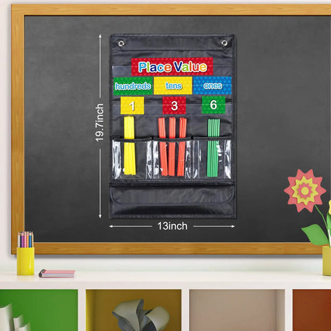 Place Value Pocket Chart Set With Magnetic Counting Caddie on classroom board, 19.7x13 nylon with hundreds tens ones labels