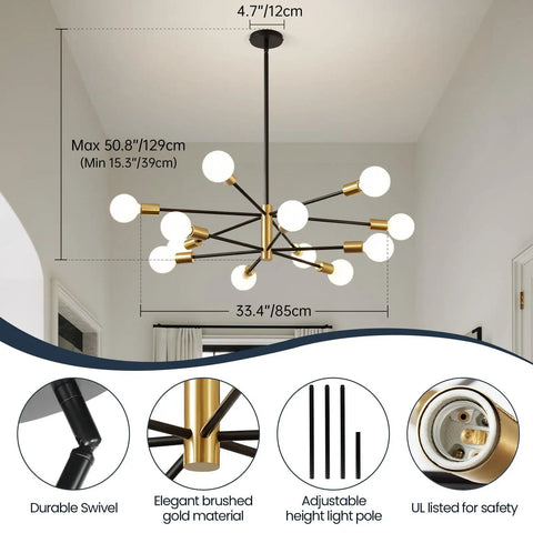 Modern Sputnik Chandelier Ceiling Light With 12 Lights In Gold And Black, Adjustable Height Up To 53.8 Inches displayed