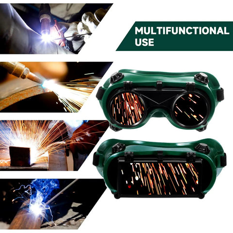 Two Pack Kickass Welding Safety Goggles With Quick Flip Cover And Slip Resistant Adjustable Headband Green Splash Guard Heavy Duty Eyewear for various welding tasks.