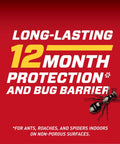 Text highlighting 12-month protection from ants, roaches, and spiders for Indoor And Perimeter Pest Control Spray With Comfort Wand.