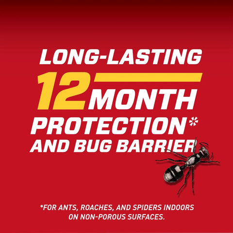Text highlighting 12-month protection from ants, roaches, and spiders for Indoor And Perimeter Pest Control Spray With Comfort Wand.