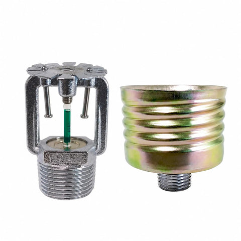 Concealed Pendent Fire Sprinkler Head With Decorative Cover Plate Dn15 Size showing brass frame and glass bulb trigger.