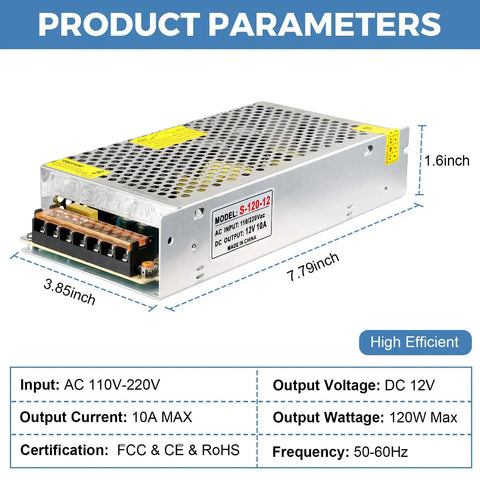 12V 10A 120W Power Supply For 5050 3528 LED Strip Light Ac To Dc No Fuss Fanless Silent High Efficiency With Switchable 110V 220V Input Ideal For Home Office Signage And Under Cabinet Lighting, aluminum case 7.79x3.85x1.6 inch