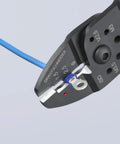 Close-up of heavy-duty crimping pliers for wire stripping, cable cutting, and terminal crimping with high strength steel.