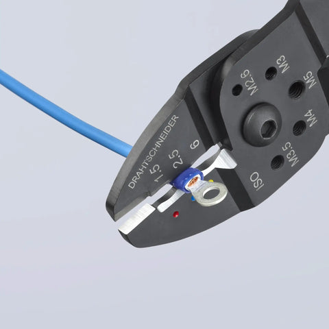 Close-up of heavy-duty crimping pliers for wire stripping, cable cutting, and terminal crimping with high strength steel.
