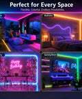 RGB Neon Rope Lights Sixteen Point Four Feet With 360 LEDs 24V Side Emitting LED Strip Lights App And Remote Control Music Sync For Gaming Room Desk And Bedroom Flexible Bendable Design Lets You Create Custom Neon Signs shown in various rooms including patio, bedroom, and gaming room creating vibrant atmospheres.