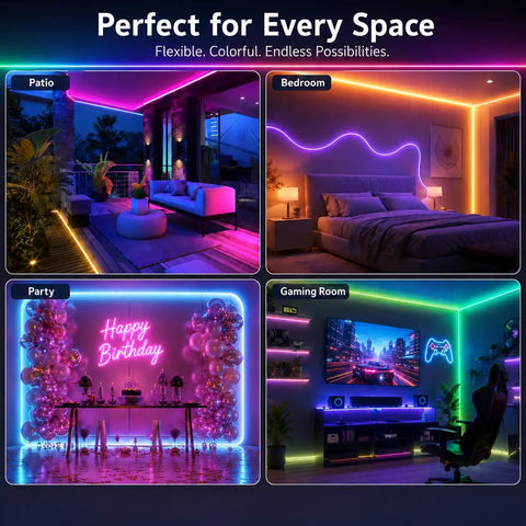 RGB Neon Rope Lights Sixteen Point Four Feet With 360 LEDs 24V Side Emitting LED Strip Lights App And Remote Control Music Sync For Gaming Room Desk And Bedroom Flexible Bendable Design Lets You Create Custom Neon Signs shown in various rooms including patio, bedroom, and gaming room creating vibrant atmospheres.