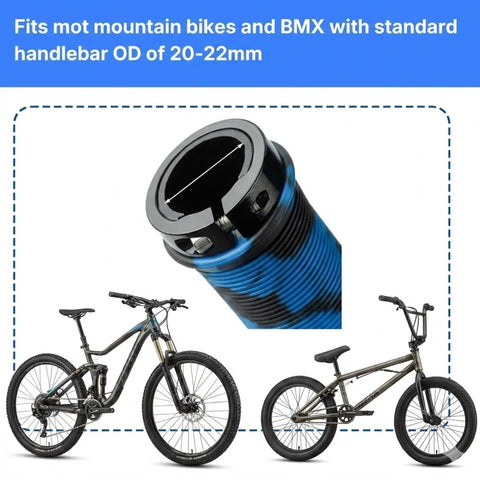 Deep Sea Blue lock-on thick waffle grips for MTB & BMX, shown fitting standard handlebars, with a close-up of grip end detail.