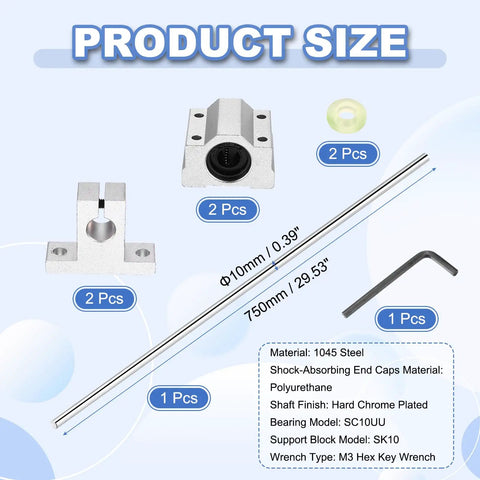 10mm x 750mm Linear Motion Rod Guide Kit With SC10UU Ball Bearings And SK10 Aluminum Rail Supports, Hard Chrome Plated Rails For 3D Printers And CNC Rigs, Smooth Precision Motion showing 10mm x 750mm shaft, SC10UU bearings, SK10 blocks, end caps, and hex key