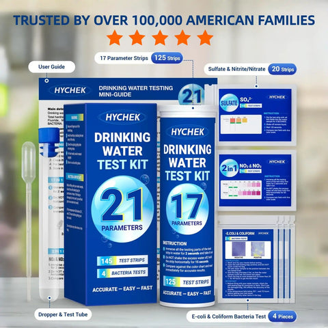 21 In 1 Drinking Water Test Kit With 145 Strips And 4 Bacteria Tests for well, tap, and home use, product packaging and contents