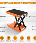 Beefy 1100Lb Motorcycle Lift Jack With Wide Deck And Safety Pin, side view of heavy-duty scissor lift in orange with labels.