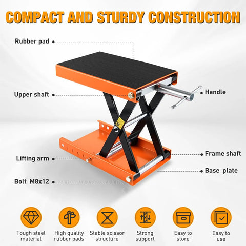 Beefy 1100Lb Motorcycle Lift Jack With Wide Deck And Safety Pin, side view of heavy-duty scissor lift in orange with labels.
