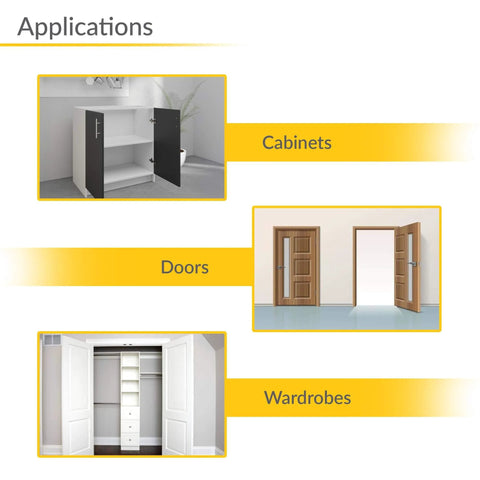 Applications of 3D Adjustable 95 Mm Door Hinge for left or right hand doors in satin chrome finish shown on cabinets, doors, wardrobes.