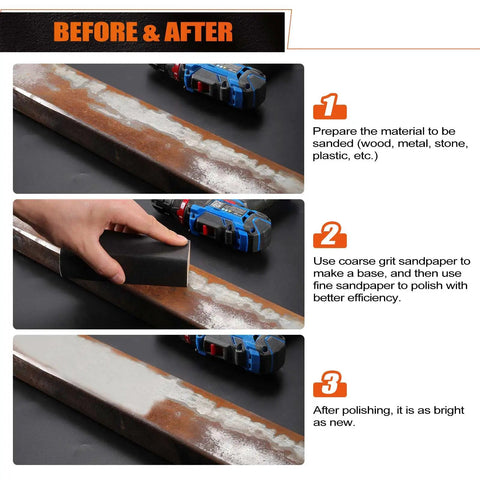 Steps showing usage of Assorted 1/4 Sheet Sandpaper Set With 80 120 180 240 320 Grits for sanding and polishing metal surface.