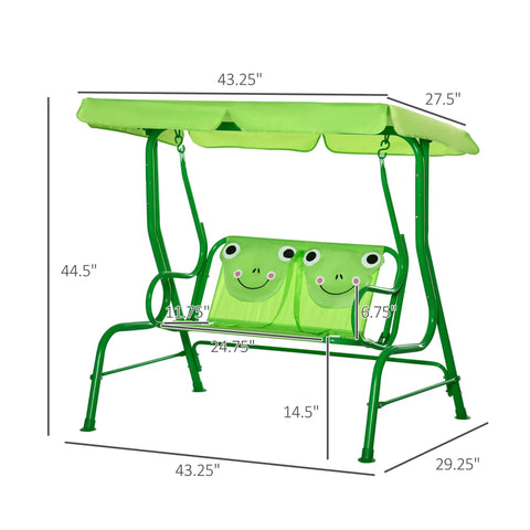 Two Seat Kids Patio Swing With Adjustable Canopy And Safety Belt Frog Pattern Hanging Swing Bench For Garden Or Backyard Green
