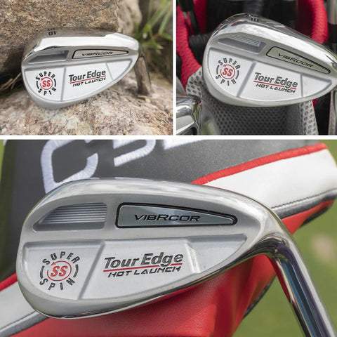 Hot Launch VibRCor 3 Wedge Pack With Gap, Sand, And Lob Wedges For Next-Level Spin And Short-Game Versatility, Beveled Leading Edge And Cambered Sole Deliver Smooth Glide And Confidence On Every Shot displayed outdoors on grass and golf bag.