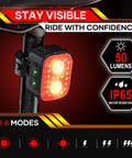 Front And Rear Bike Lights Set Rechargeable With Dual LEDs And 19 Flood LEDs 8 And 12 Mode Options IPX6 Waterproof shown on bike