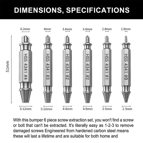Diagram of Six Piece Damaged Screw Extractor Set With Case, Beefy Heavy Duty Hardened Steel HSS 4341 Drill And Hand Tool Remover Kit