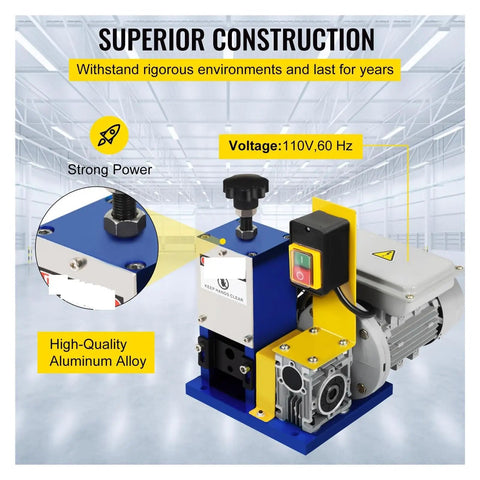 Top Tier Portable Electric Wire Stripping Machine For Scrap Copper Recycling High Speed Cable Cutter 1.5-25mm With Extra Blades Powerful Motor Easy Diy Use Reliable Professional Quality Heavy Duty showing aluminum alloy construction and motor details.