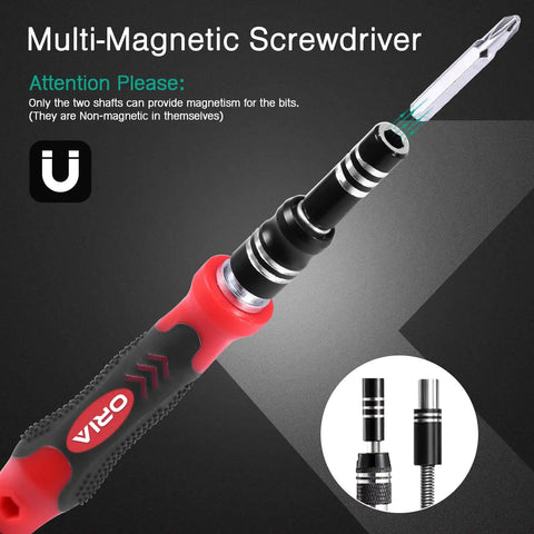 61 In 1 Precision Screwdriver Kit With 57 Bits And Flexible Shaft Extension Rod Pro Grade Repair Tools, red handle close-up.