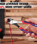 WORKPRO 8-inch high-leverage diagonal pliers cutting a red wire; blue and red handles