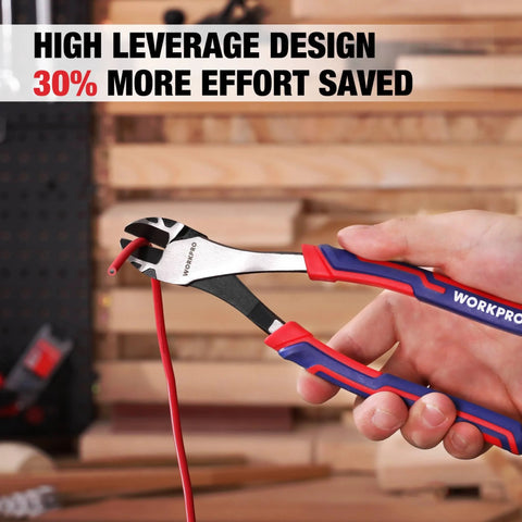 WORKPRO 8-inch high-leverage diagonal pliers cutting a red wire; blue and red handles