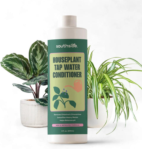 Southside Houseplant Tap Water Conditioner bottle, 8 oz, green label for removing chlorine and heavy metals.