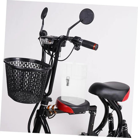 Tough As Nails Weatherproof Socket Box For E Bike Charger Shield mounted on black e-bike seat with accessories.