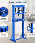 Top Shelf 12 Ton H Frame Hydraulic Shop Press With Height Adjustable Table And Removable Plates for easy operation and movable components.