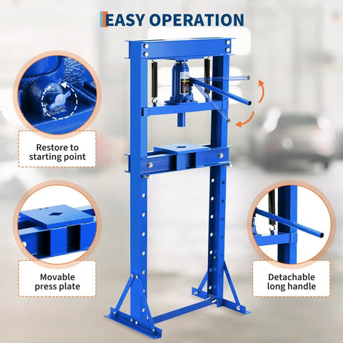 Top Shelf 12 Ton H Frame Hydraulic Shop Press With Height Adjustable Table And Removable Plates for easy operation and movable components.