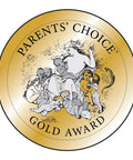 Parents' Choice Gold Award logo with seated figure surrounded by children in a gold circle design.