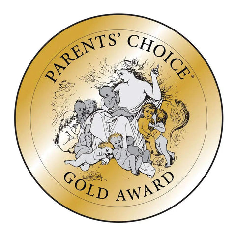 Parents' Choice Gold Award logo with seated figure surrounded by children in a gold circle design.