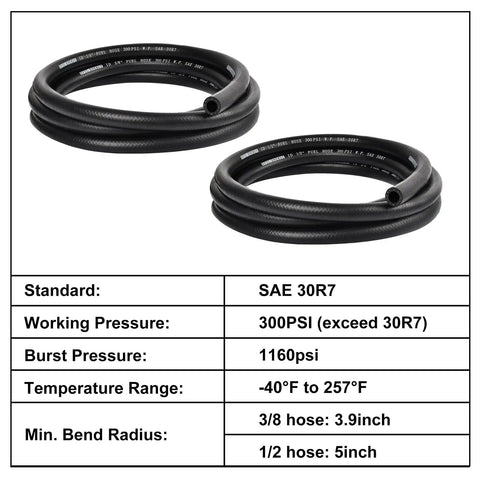 Push Lock Fuel Hose Kit With 3/8 And 1/2 Inch NBR Rubber SAE 30R7, 10 Ft Each, Dual Fuel Lines For Diesel Gasoline Biodiesel Grease