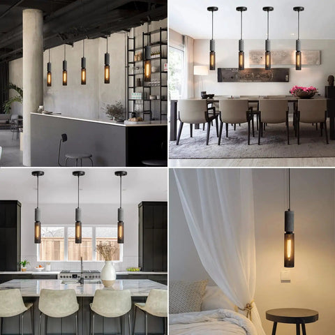 Concrete Linear Pendant Light With Metal Mesh Shade Modern Industrial Adjustable Cord Cement Pendant Lighting Black Two Pack